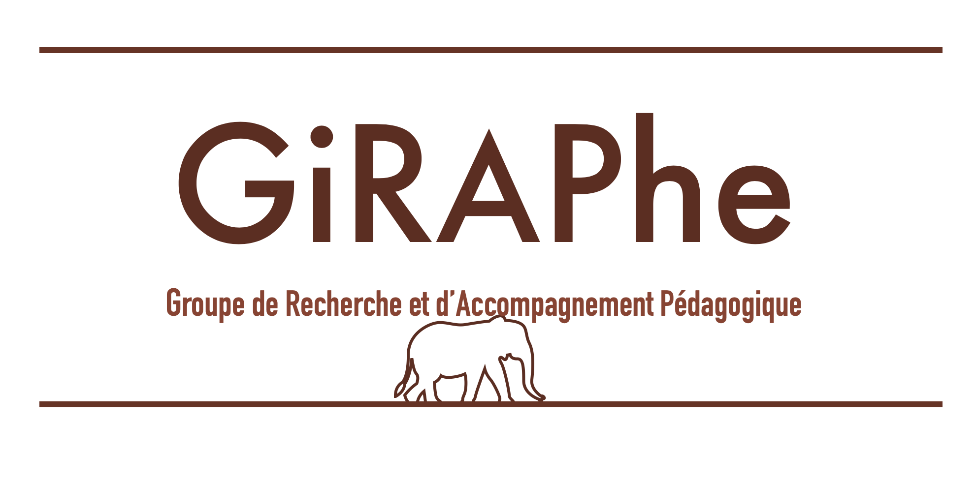 logo du de l'organisme de formation giraphe. un éléphant marche vers la droite et L'acronyme GRAP est développé Groupe de Recherche et d'Accompagnement Pédagogique
